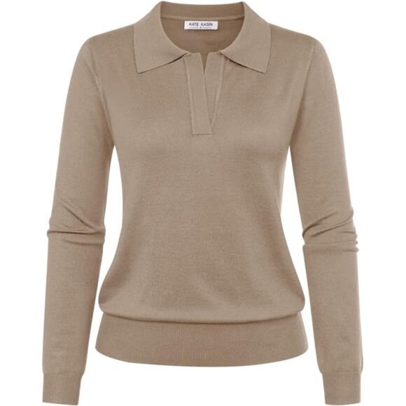 Womens Long Sleeve Polo Sweater V Neck Ribbed Knit Pullover Casual Top - Picture 1 of 7